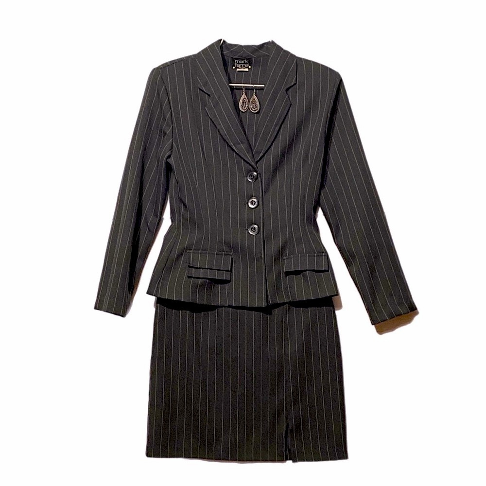 VTG USA Pin Stripe Suit Blazer & Mini Skirt Shoulder Pad Dark Grey Jr3/4 WmXS